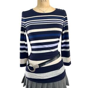 Liz Claiborne Striped Long Sleeve Top Navy Blue‎ Button Shoulder Retro S